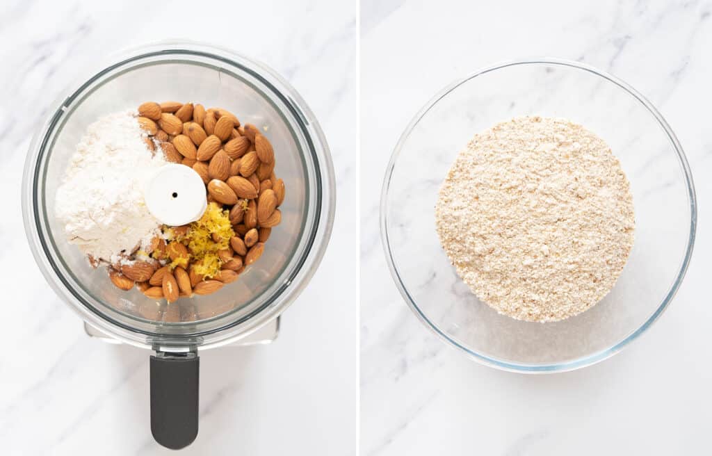 Top view of the almonds and the rest of the dry ingredients in a food processor and in a glass bowl.