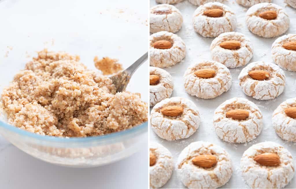 Close-up of the almond cookie dough and several almond cookies on a baking sheet.
