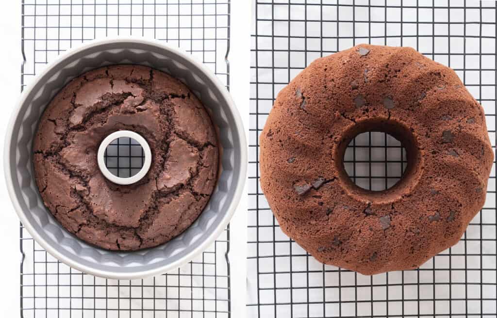 A bundt chocolate cake over a cooling rack over a white background.