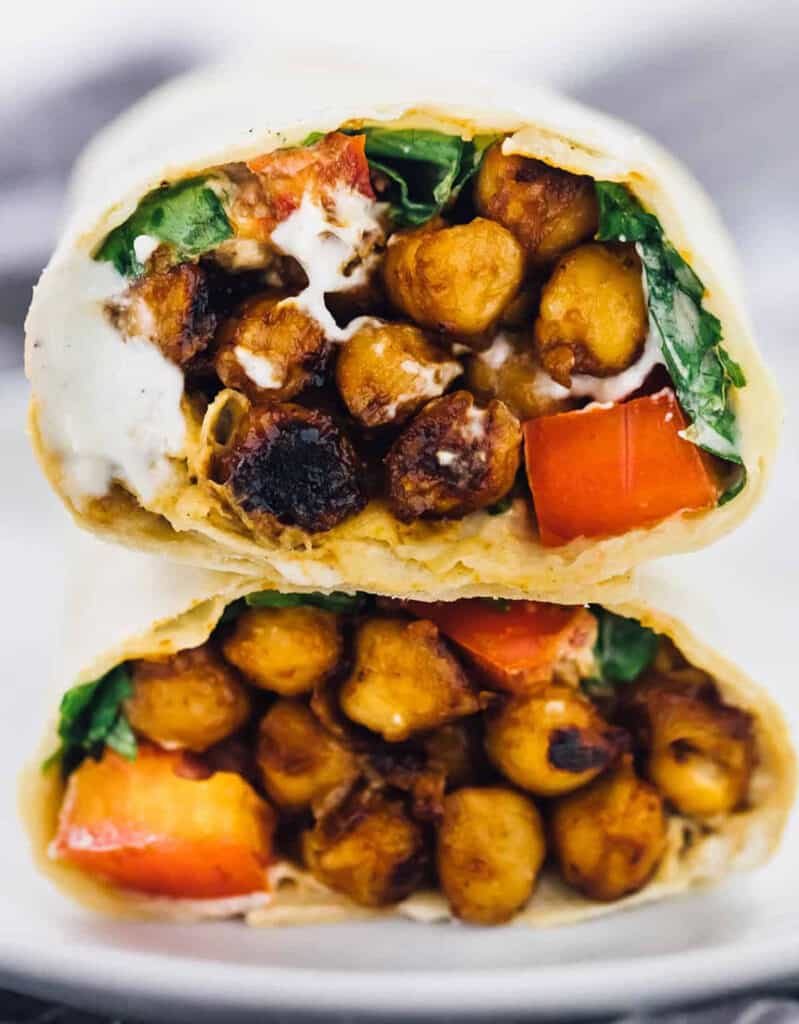 Close-up of two wraps full of BBQ chickpeas -  by Jessica in the Kitchen