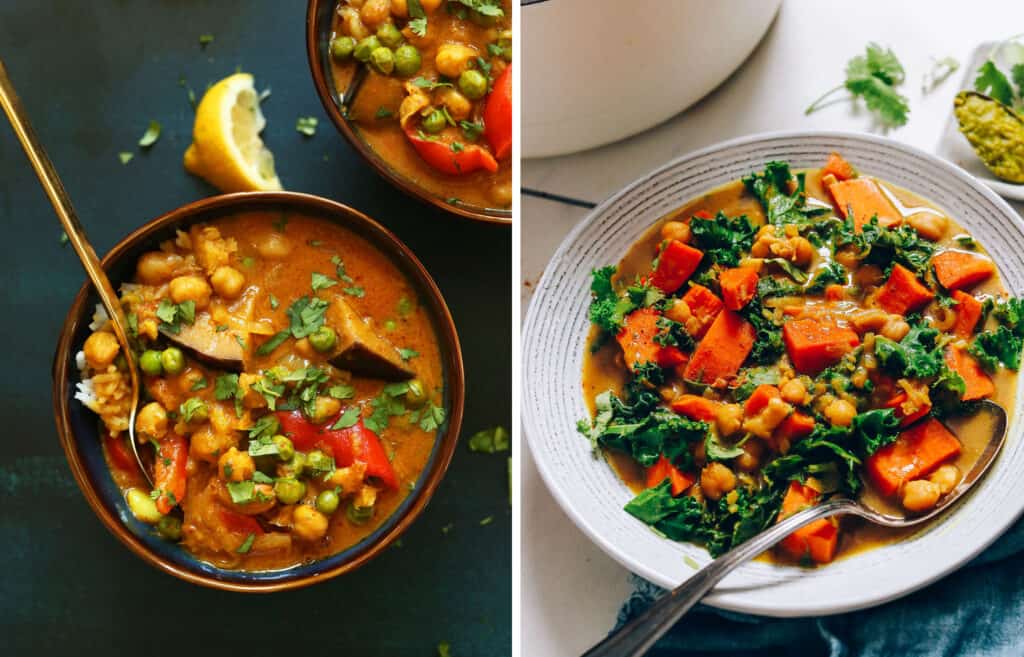 Top view of a bowl full of red curry with chickpeas and a white bowl full with green curry with chickpeas - by Minimalist Baker