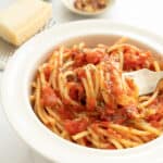 Close-up of a white bowl full of marinara spaghetti.