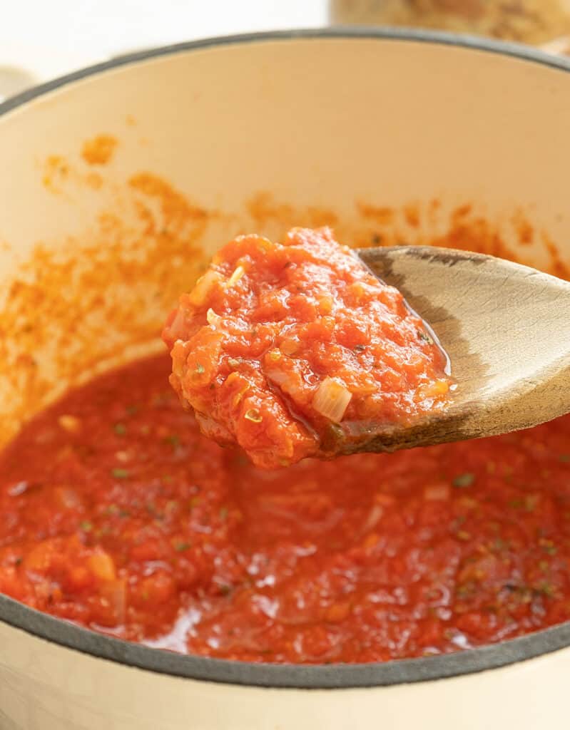 Close-up of a wooden spoon full of marinara sauce.