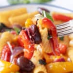 Close-up of a fork lifting some pasta with peppers.