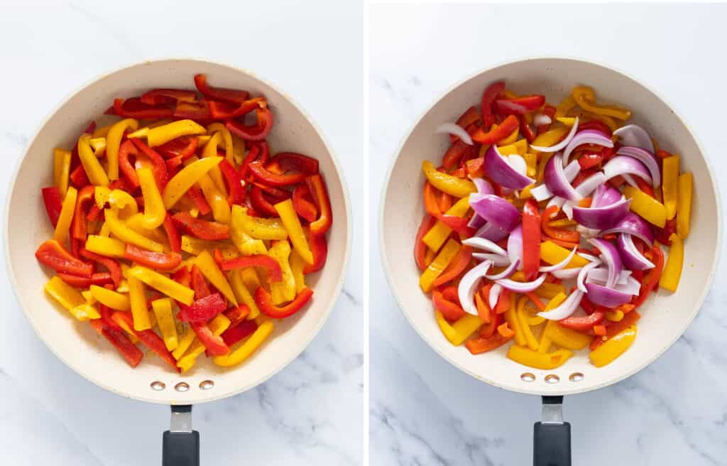 Top view of a pan full of peppers and red onion over a white background.