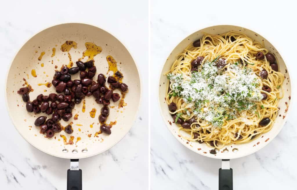 First image shows a large white pan with black olives, second image shows that spaghetti, parsley, lemon zest and parmesan cheese are added to the same pan.