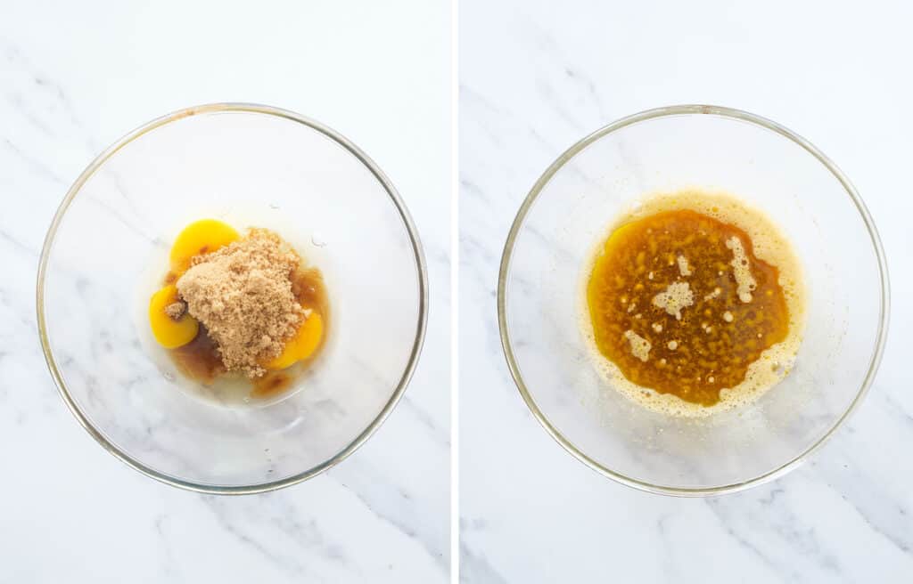 Top view of a glass bowl with eggs, sugar and vegetable oil.