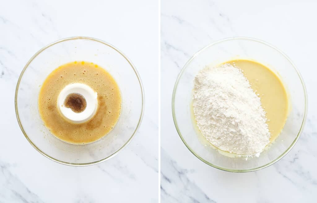 Top view of a glass bowl with ricotta, vanilla essence and flour.