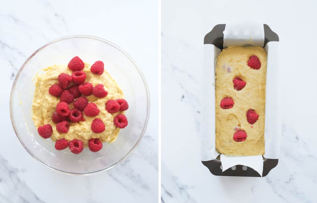 Top view of a glass bowl full of batter and raspberries and a loaf pan filled with the same batter.