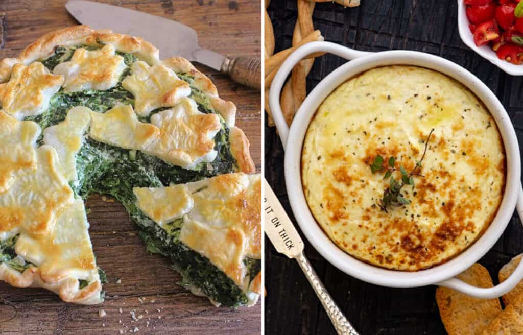 Crusty golden pie with spinach and baked ricotta over a dark background.