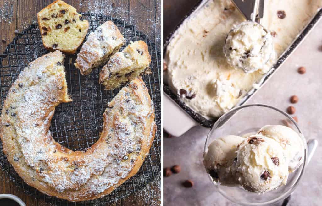Two images showing a ricotta cake and  ice cream with chocolate chips.