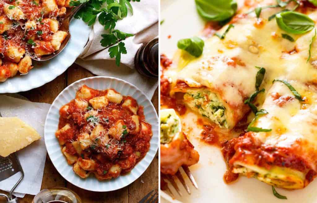 Two images showing scrumptious ricotta gnocchi in tomato sauce and cannelloni over a white plate.