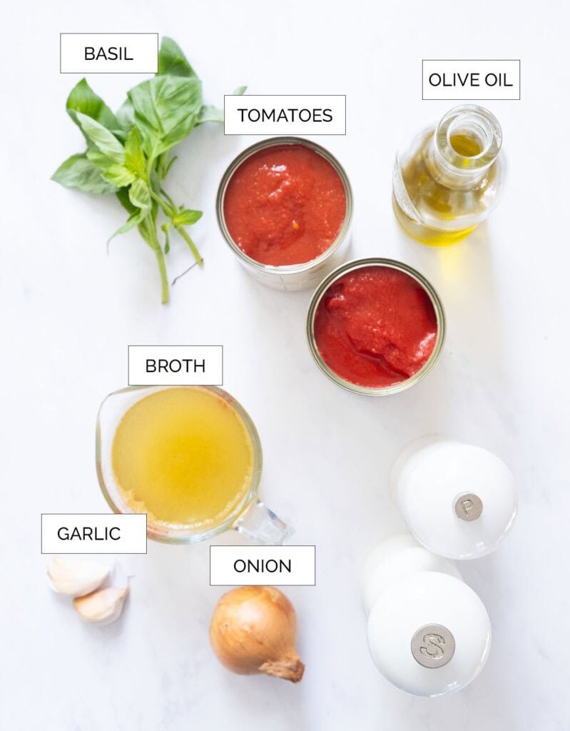 Top view of the ingredients to make an easy tomato soup.