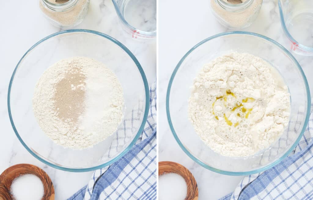 Top view of a glass bowl full of the ingredients to make this easy pizza dough.