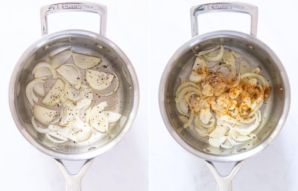 Top view of a pot with diced onion.