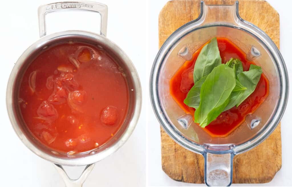 Top view of a pot and a blender full of simple tomato soup.