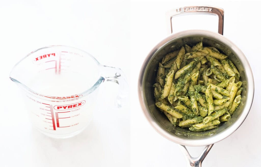 A jug full of pasta water and a pot with penne with pesto.