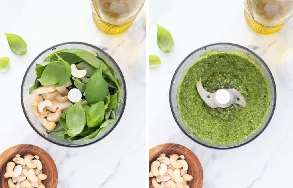 Top view of a small food processor full of the ingredients to make pesto.