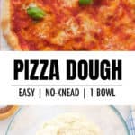 Top view of a round pizza and a glass bowl full with easy no-knead pizza dough.
