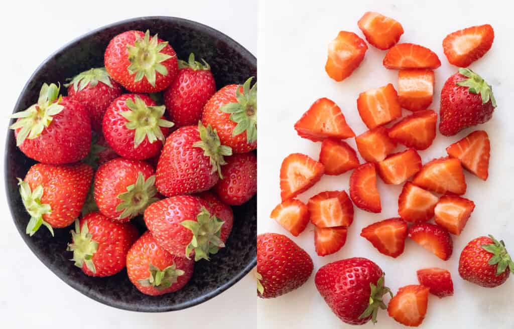 Whole and diced strawberries.