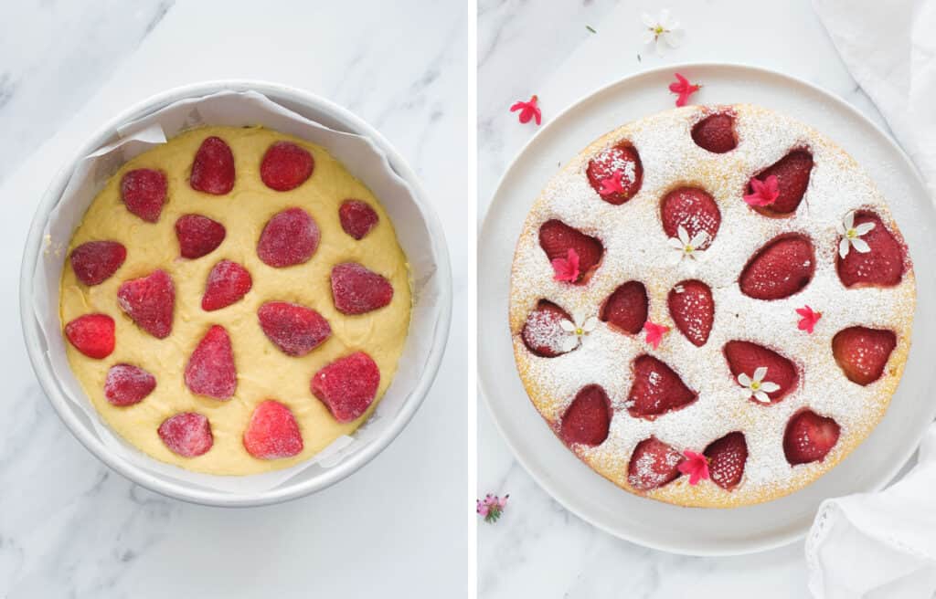 Top view of a strawberry ricotta cake before and after baking.