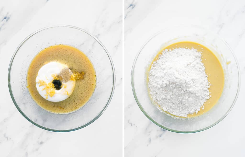 Top view of a glass bowl showing that ricotta, essences, and flour are added to the batter.