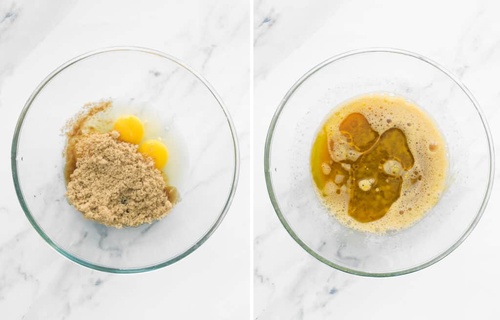 Top view of a glass bowl full of eggs and sugar over a white background.