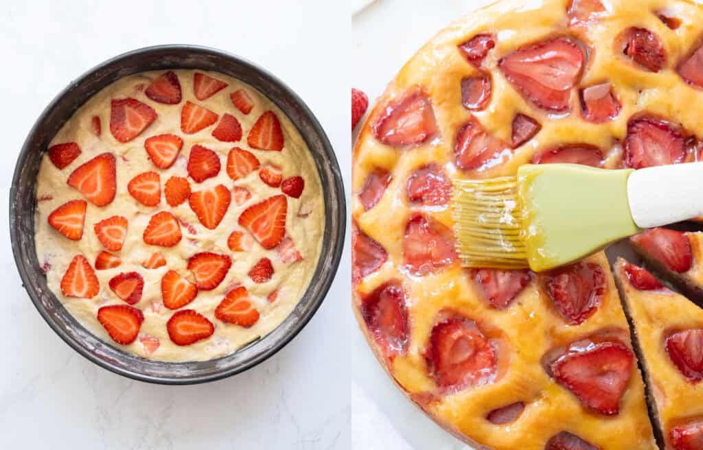 The strawberry ricotta cake before and after baking.