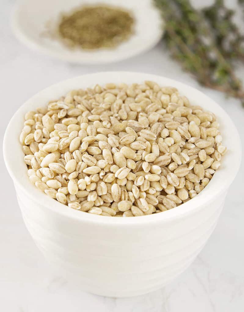 A small white bowl full of uncooked pearled barley.