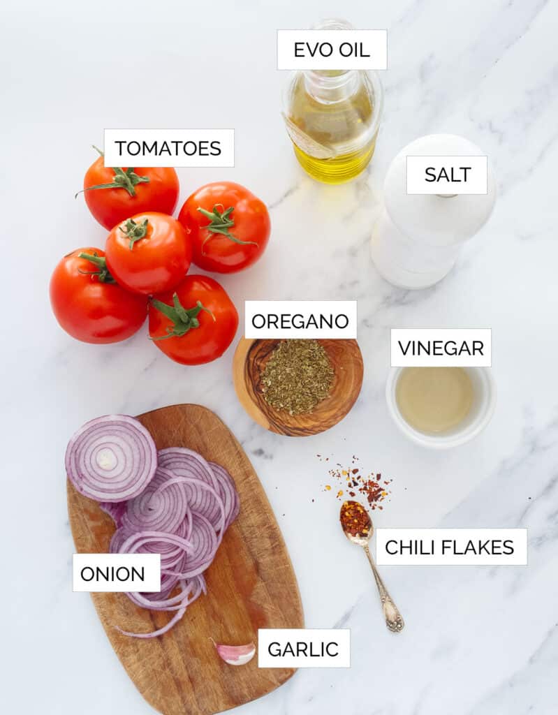 The ingredients to make this tomato onion salad are arranged over a white background.