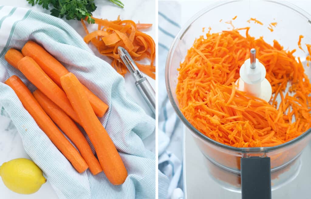 A buch of peeled carrots and the bowl of a food processor full of shredded carrots.
