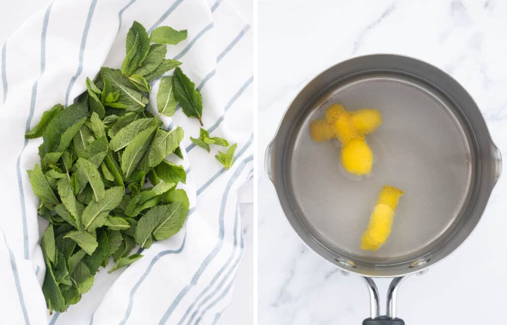 Top view of a bunch of mint over a white  tea towels and a pot full of water, sugar and lemon peel.