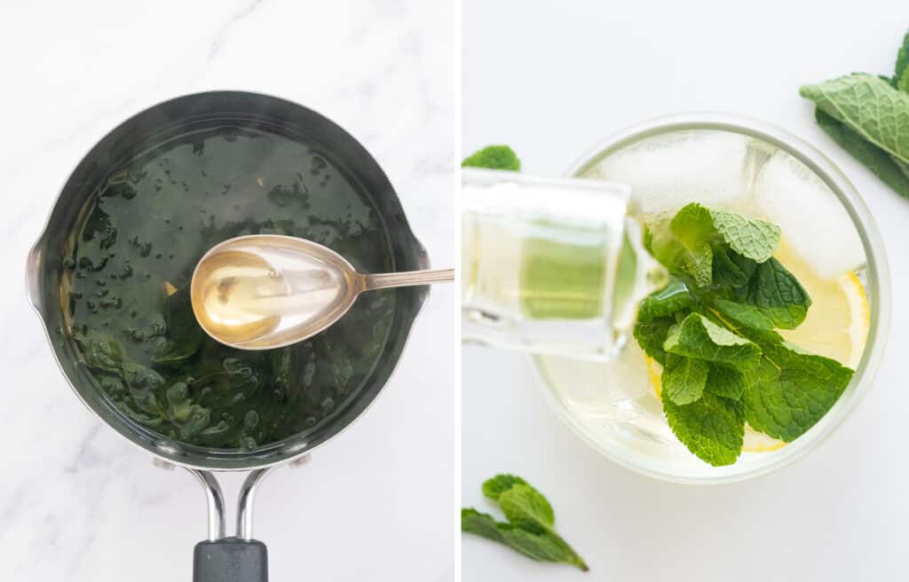 Top view of a pot full of syrup and mint leaves and glass bottle pouring some mint syrup into a glass full of mint leaves and water.