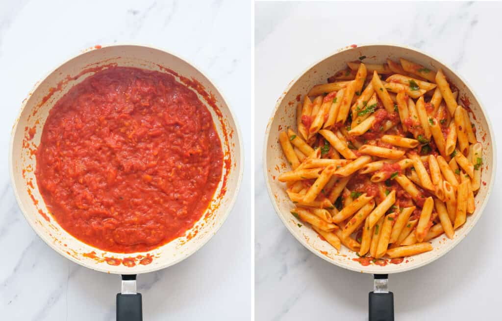 Top view of a white pan full of spicy tomato sauce and penne.