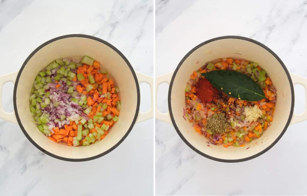 Top view of a white Dutch oven with diced vegetables, spices and herbs.