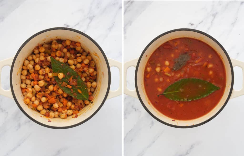 Top view of a white Dutch oven full of chickpeas and broth infused with paprika and oregano.