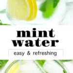 A glass full of cold mint water garnished with slices of lemon and mint.