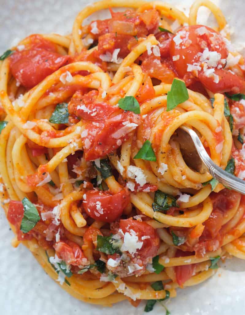 Close-up of a plate full of bucatini with napoletana sauce with grated parmesan and basil leaves.