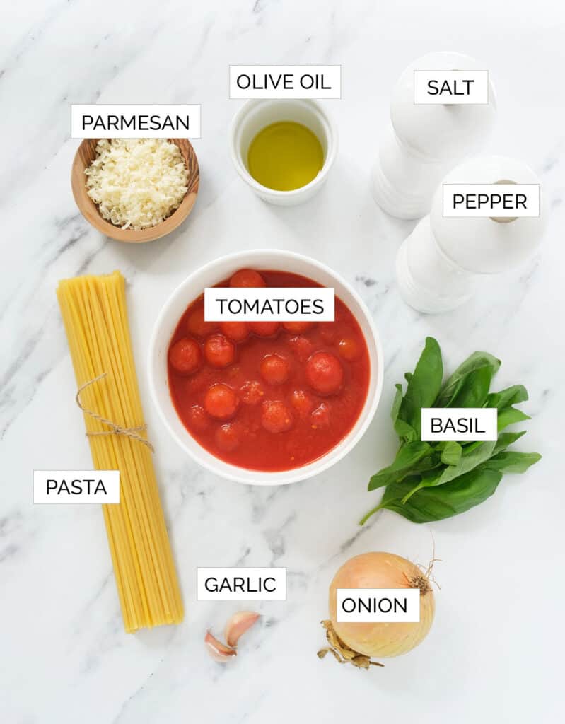 The ingredients to make pasta napoletana are arranged over a white background.