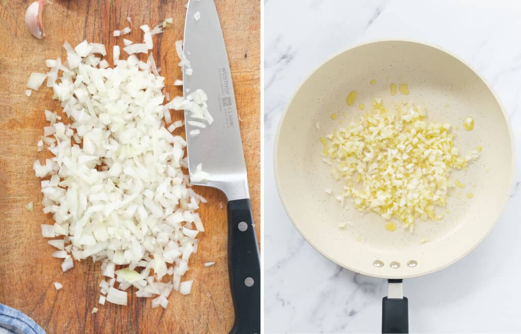 Top view of a chopping board with diced onion and a white skillet with some diced onion and olive oil.