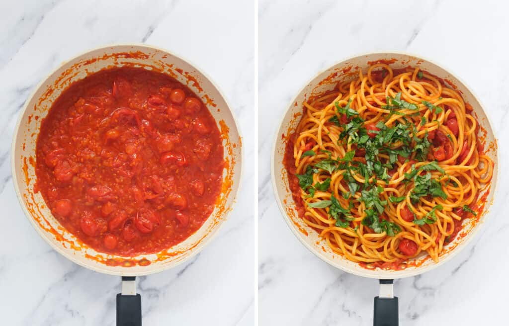 Top view of a skillet full of bucatini and napoletana sauce and fresh basil.