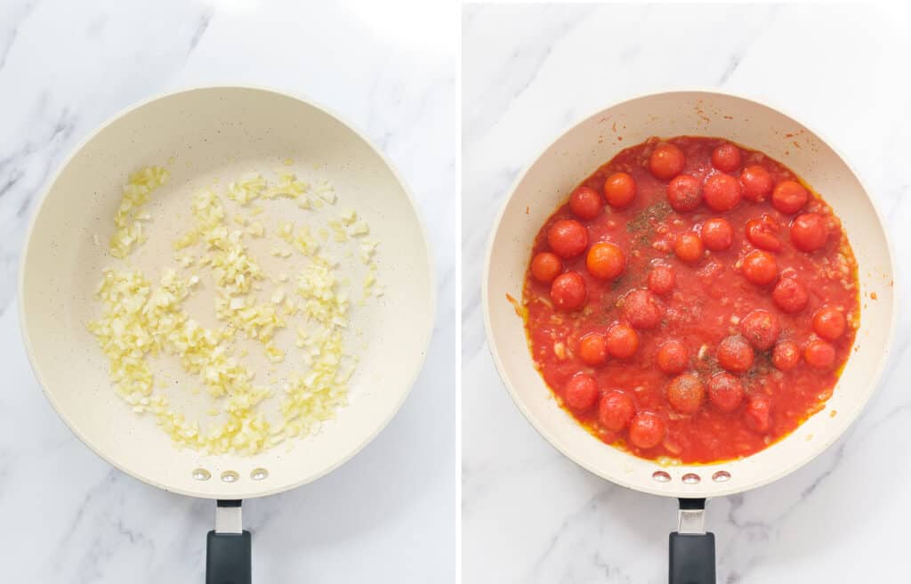 Top view of a white skillet full of diced onion and canned cherry tomatoes.