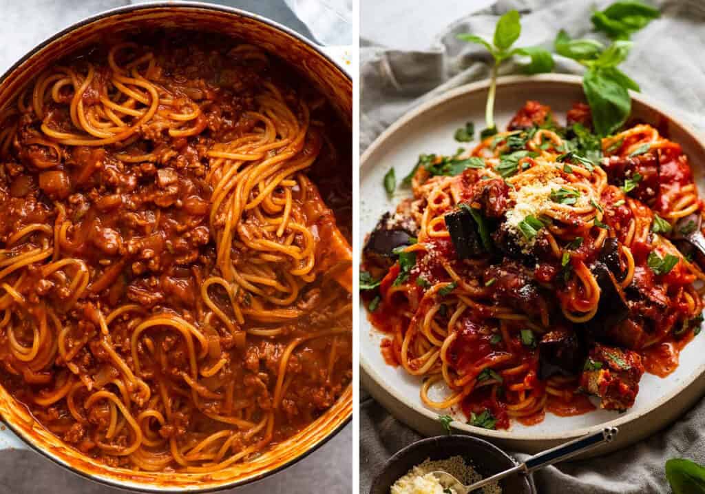 Top view of a a pan full of spaghetti bolognese and a plate full of spaghetti with tomato sauce and roasted eggplant.