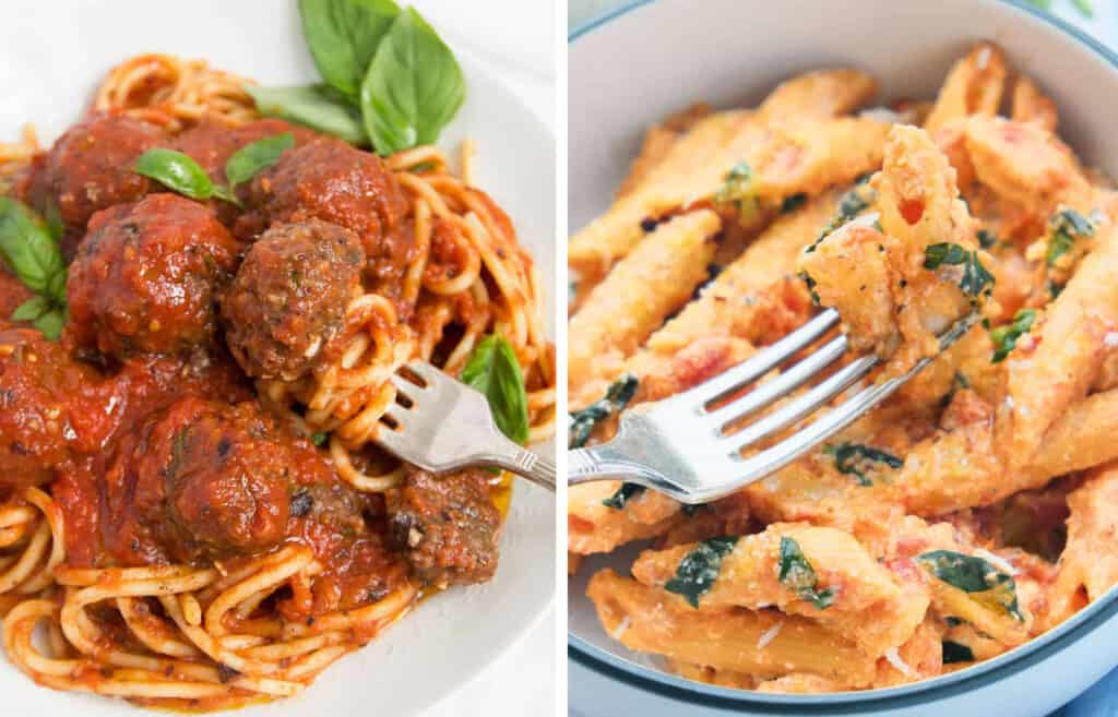 Close-up of two recipes made with canned tomatoes: a plate full of vegan meatballs and a bowl full of penne with tomato sauce. 