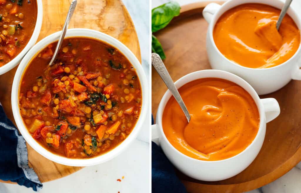 Two delicious recipes with canned tomatoes: a white bowl full of lentil soup and two white bowls full of tomato soup.