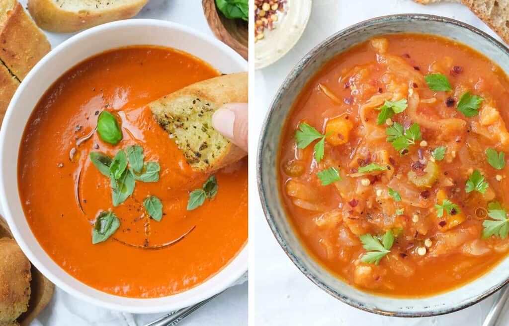 Top view of two recipes with canned tomatoes: a bowl full of tomato soup and a bowl full of cabbage soup.