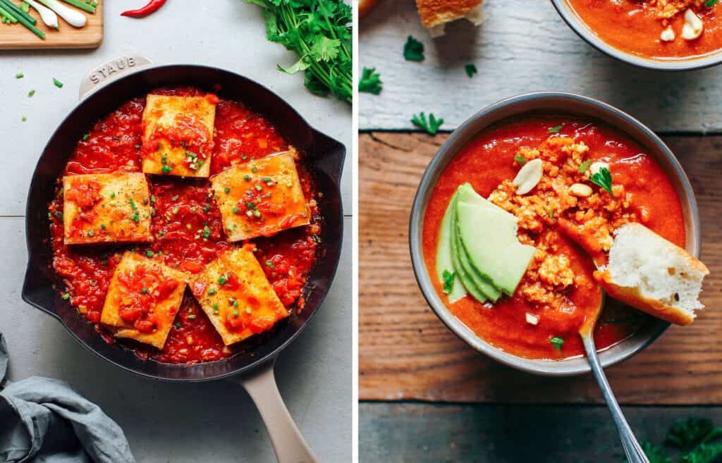 Top view of two recipes with canned tomatoes: a black skillet with tofu and tomato sauce and a bowl with a soup garnished with peanuts and avocado.