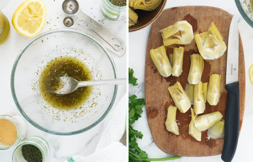 Top view of a glass bowl full of marinade and a chopping board with artichoke slices and a knife.