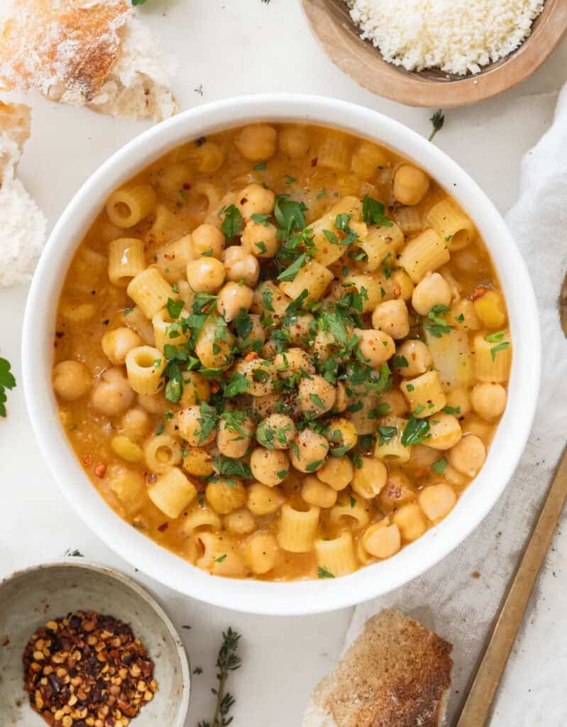 Top view of white bowl full of chickpea pasta.