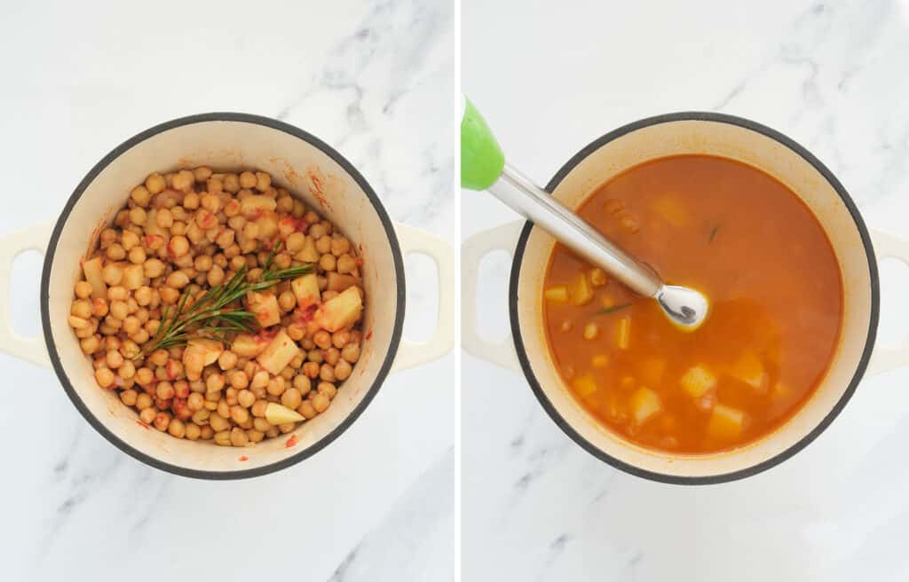 Top view of a white Dutch oven full of chickpeas and broth with an immersion blender pureeing part of the chickpeas.